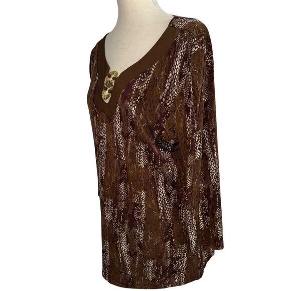 Vintage Brown Beige V Neck Animal Snake Print 3/4 quarter Sleeve Blouse size L - Picture 7 of 9